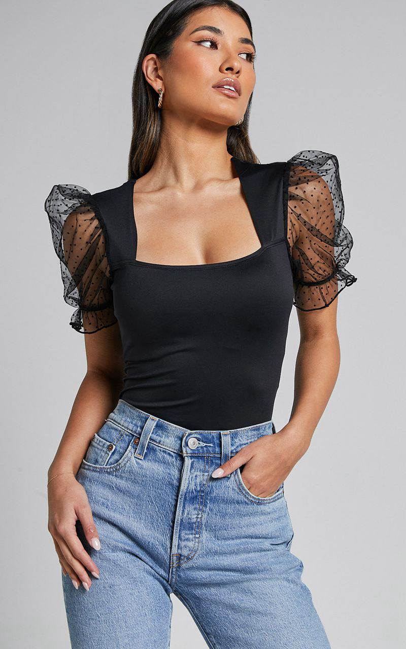 Showpo Briggs Bodysuit - Sheer Puff Sleeve Black | CIBLVP209