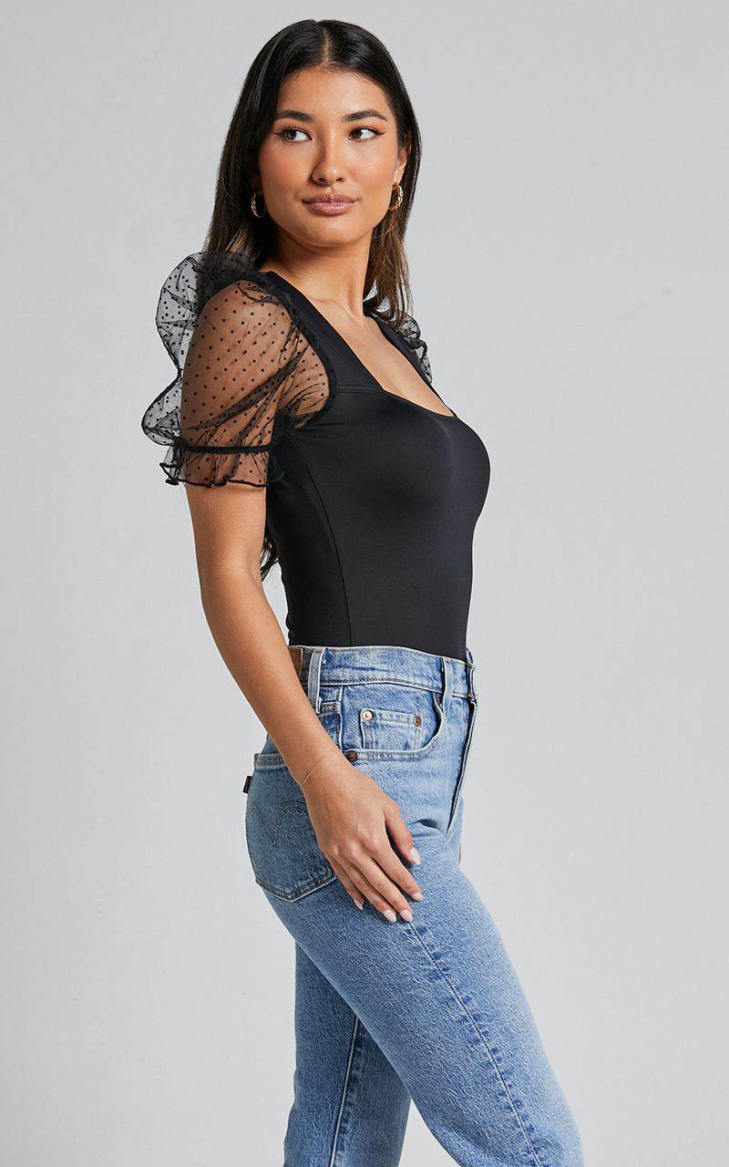 Showpo Briggs Bodysuit - Sheer Puff Sleeve Black | CIBLVP209