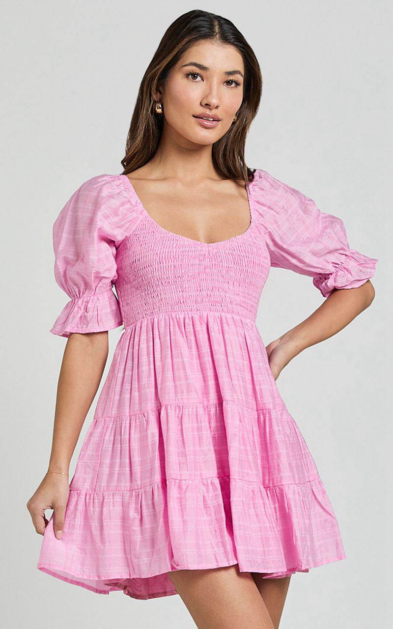 Showpo Britany Mini Dress - Shirred Puff Sleeve Tiered Dress Pink | QRUBJP394