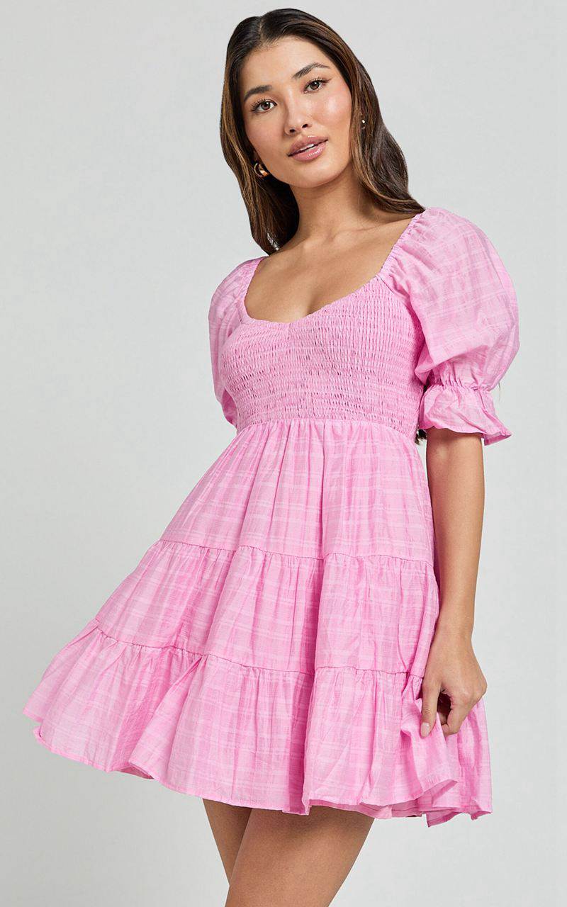 Showpo Britany Mini Dress - Shirred Puff Sleeve Tiered Dress Pink | QRUBJP394