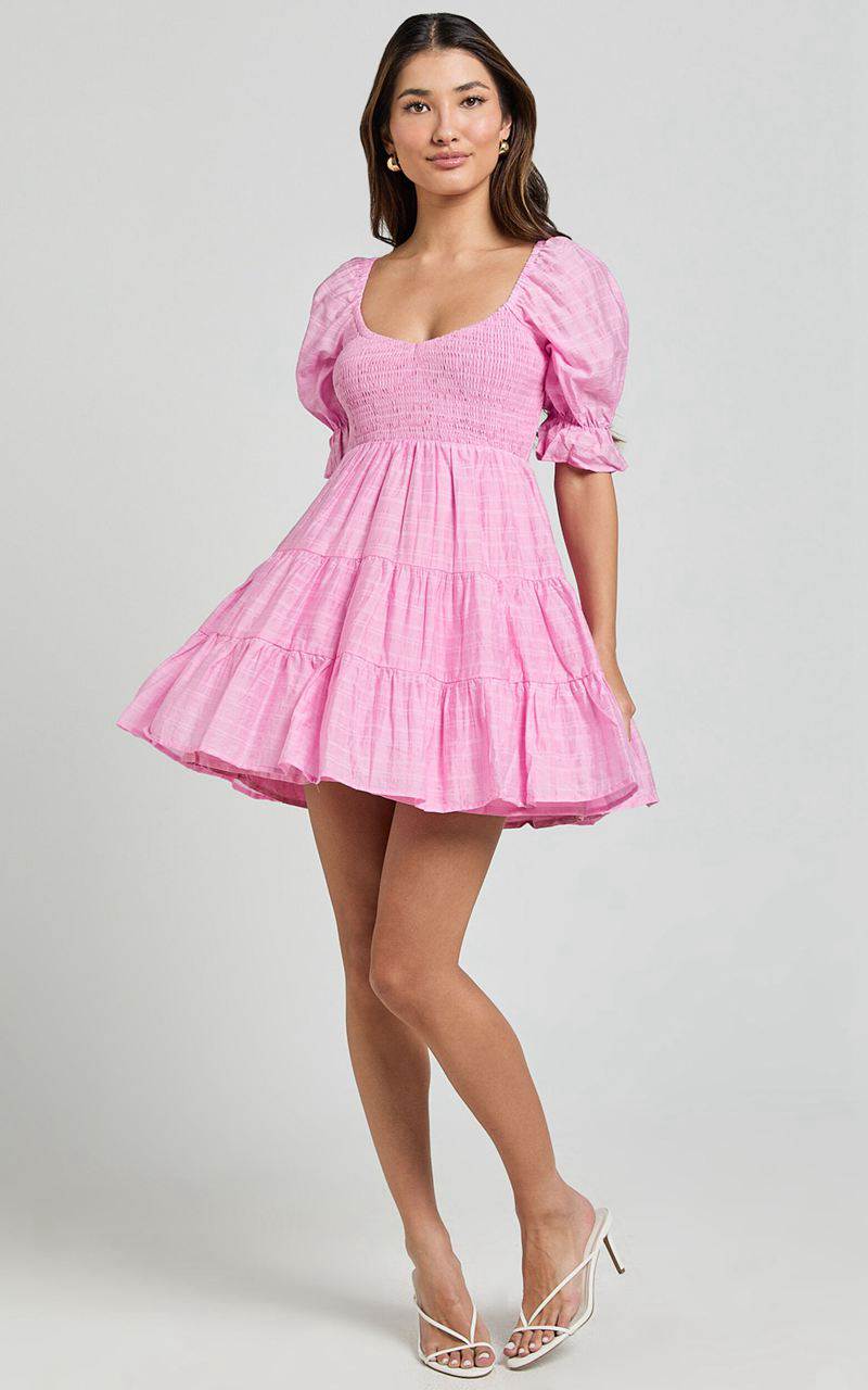 Showpo Britany Mini Dress - Shirred Puff Sleeve Tiered Dress Pink | QRUBJP394