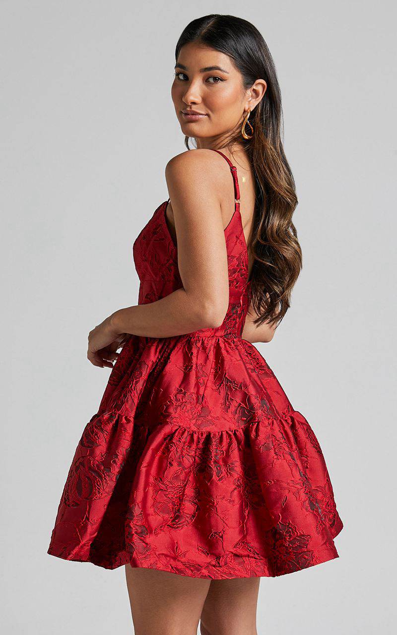 Showpo Britany Mini Dress - V Neck Tiered Strappy Tiered Fit And Flare Dress Red | GPBTNO072