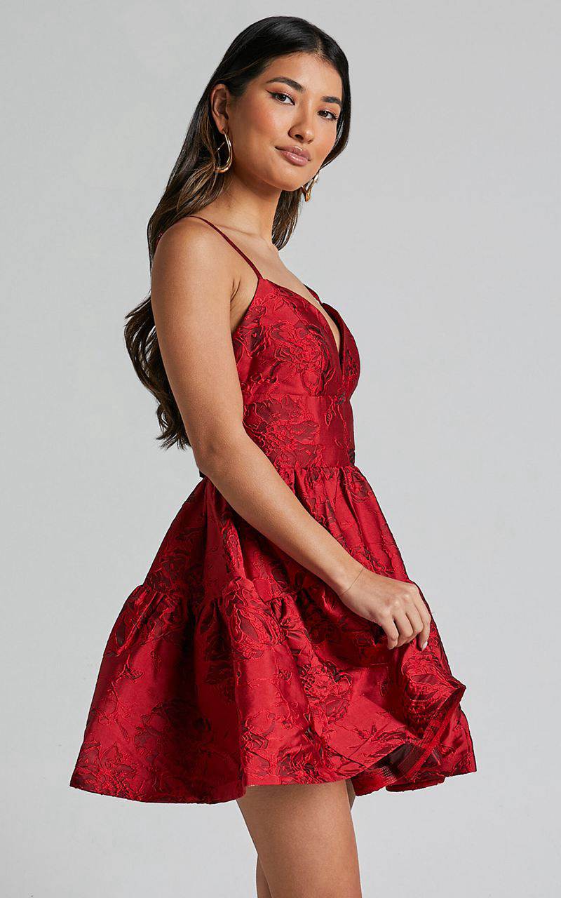 Showpo Britany Mini Dress - V Neck Tiered Strappy Tiered Fit And Flare Dress Red | GPBTNO072