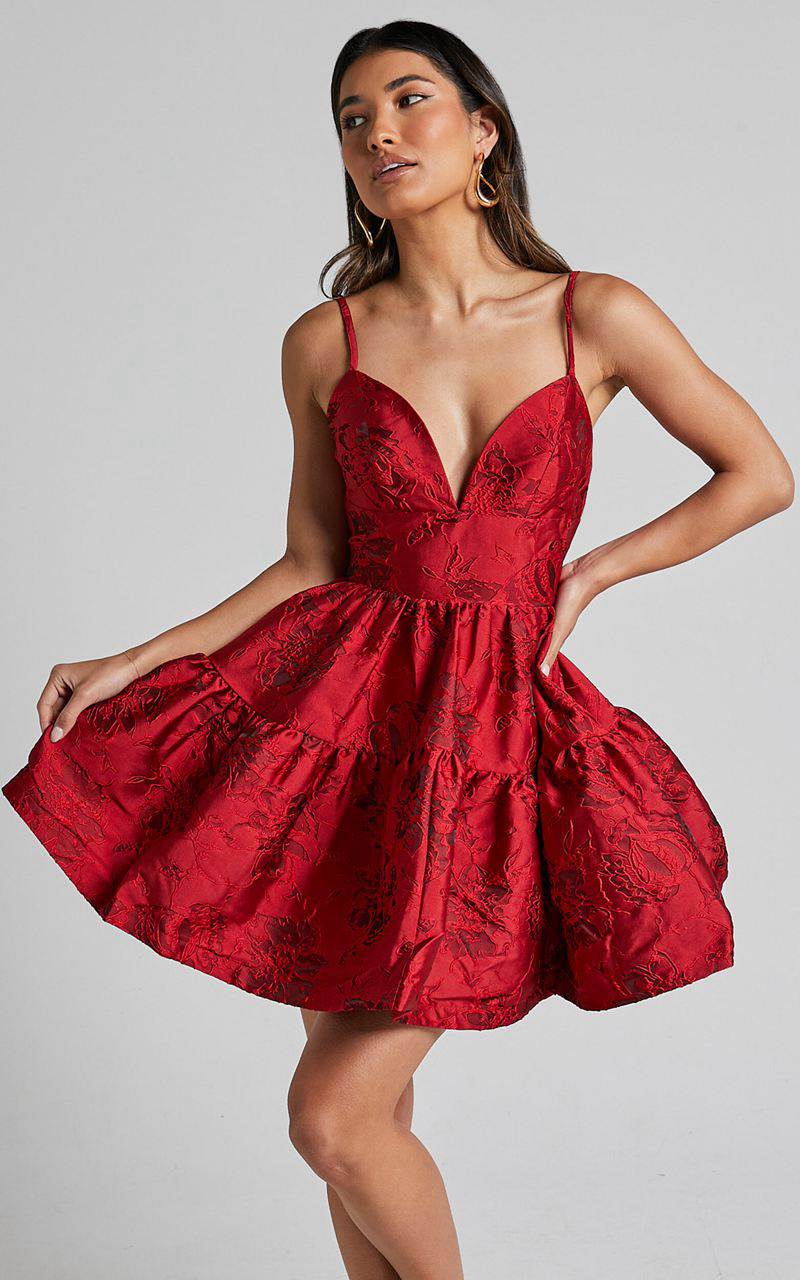 Showpo Britany Mini Dress - V Neck Tiered Strappy Tiered Fit And Flare Dress Red | GPBTNO072