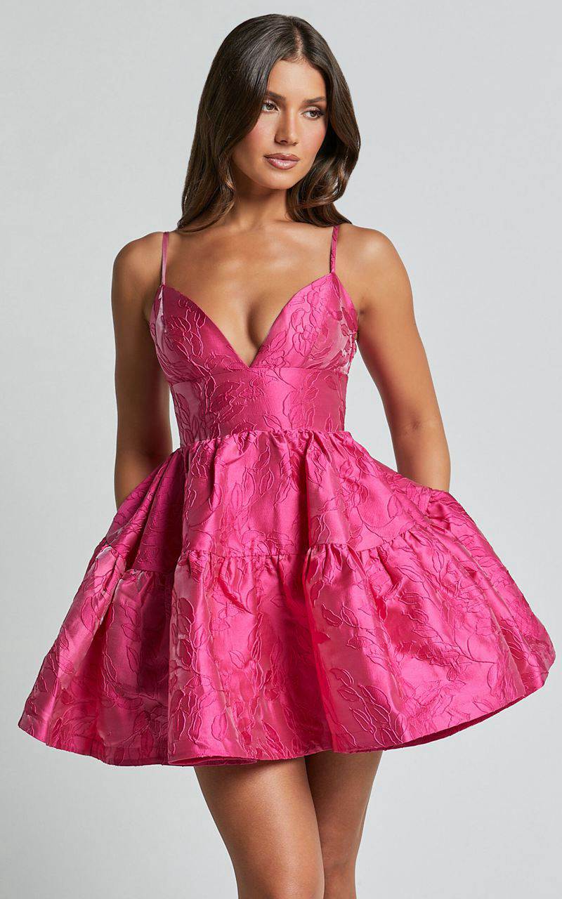 Showpo Britany Mini Dress - V Neck Tiered Strappy Tiered Fit And Flare Dress Fuchsia | ACLVHN958