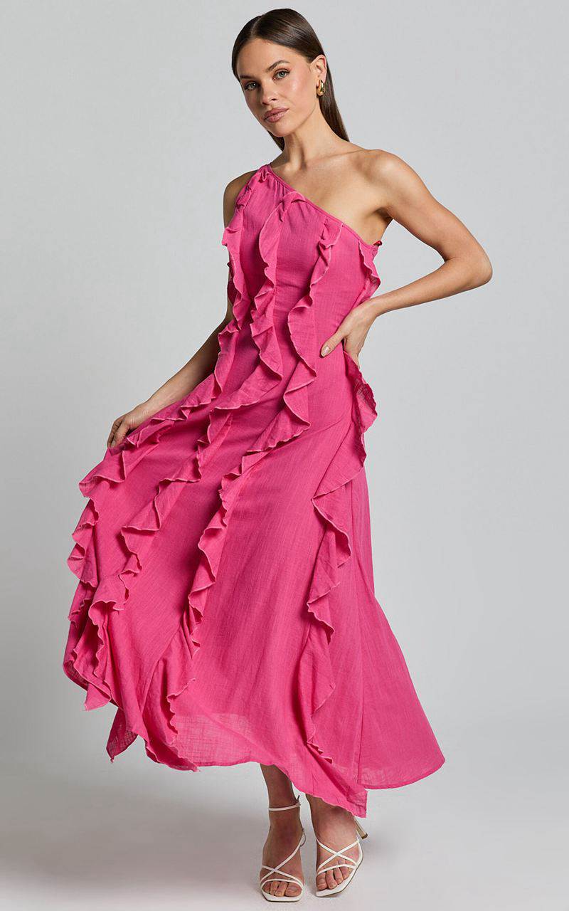 Showpo Britney Maxi Dress - One Shoulder Ruffle Detail Dress Pink | UVKERN946