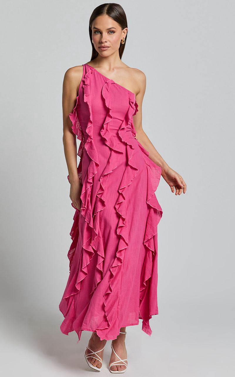 Showpo Britney Maxi Dress - One Shoulder Ruffle Detail Dress Pink | UVKERN946