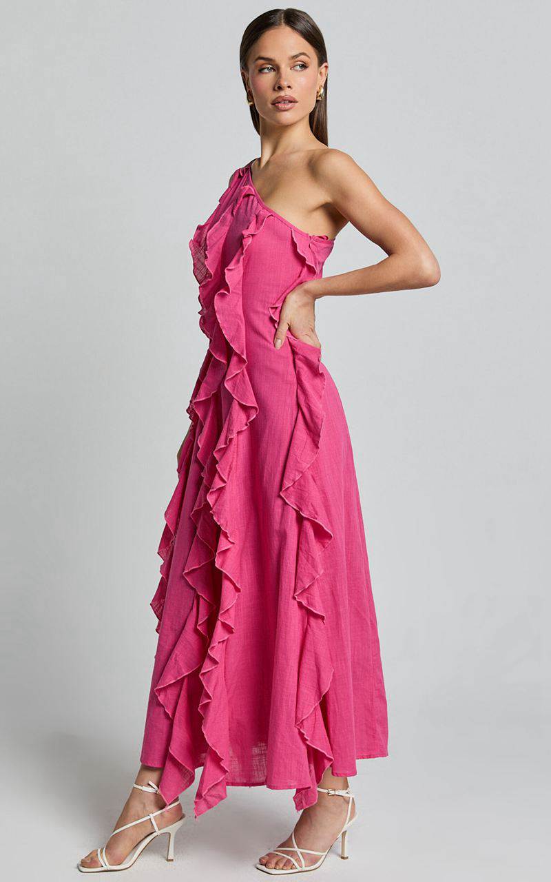 Showpo Britney Maxi Dress - One Shoulder Ruffle Detail Dress Pink | UVKERN946