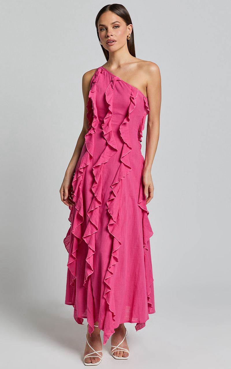 Showpo Britney Maxi Dress - One Shoulder Ruffle Detail Dress Pink | UVKERN946