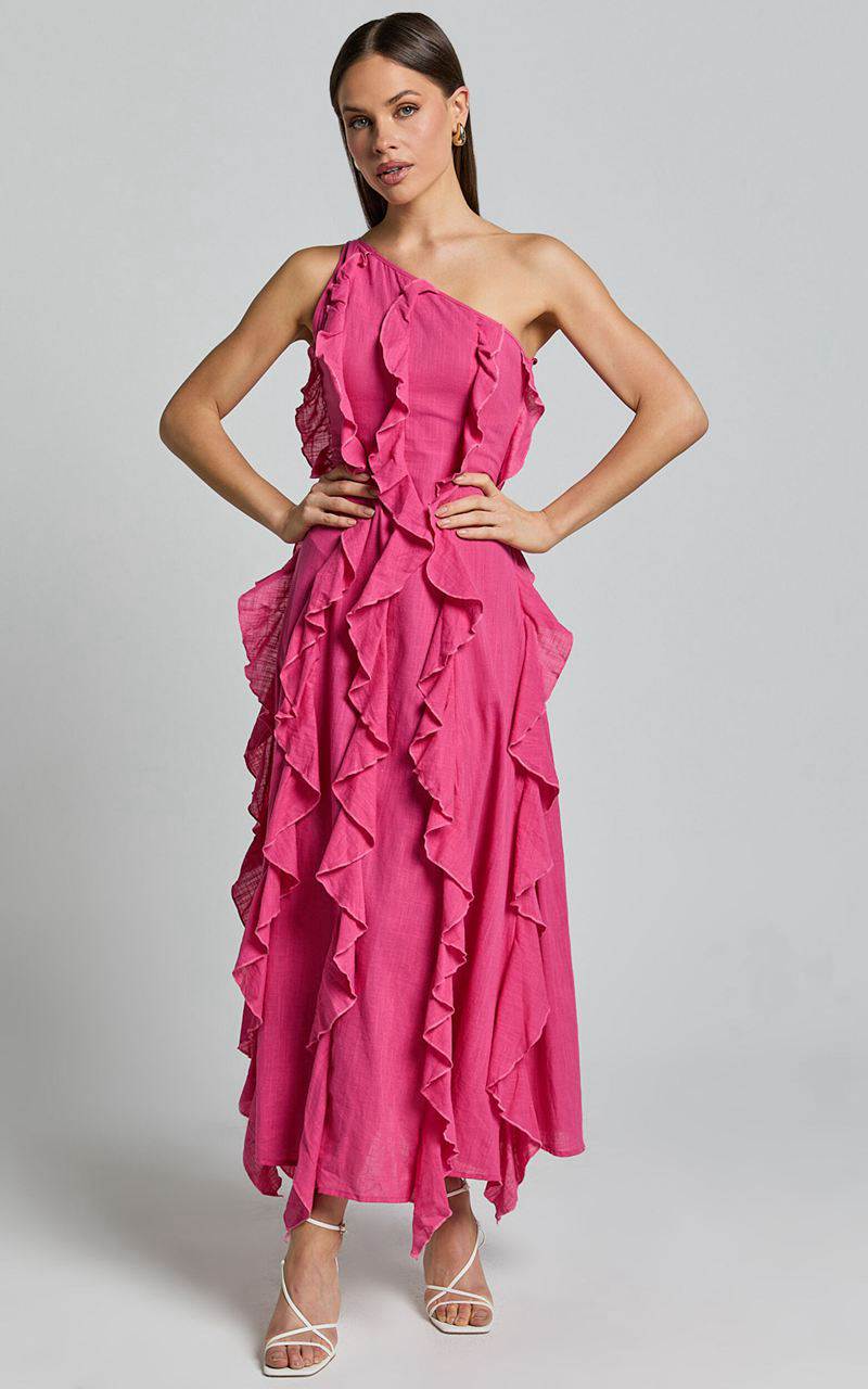 Showpo Britney Maxi Dress - One Shoulder Ruffle Detail Dress Pink | UVKERN946