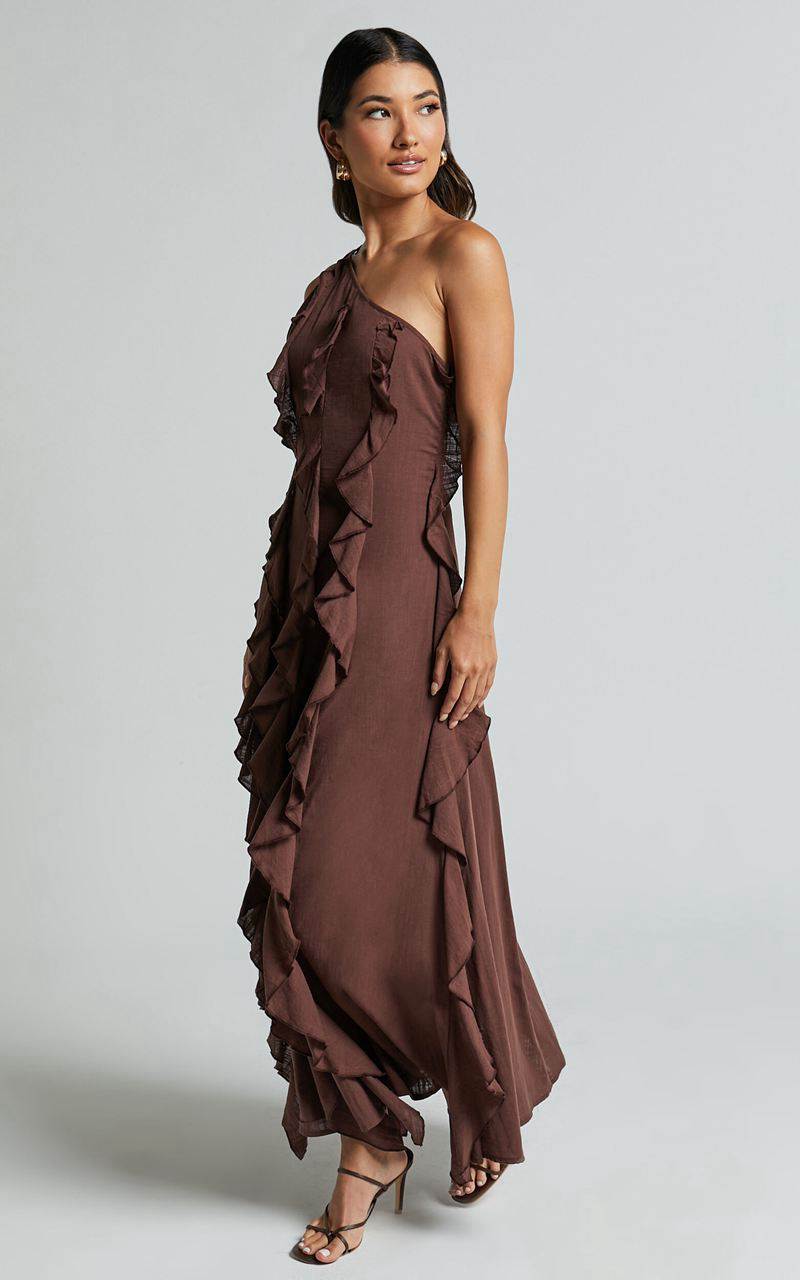 Showpo Britney Maxi Dress - One Shoulder Ruffle Detail Dress Chocolate | QDCBNP924