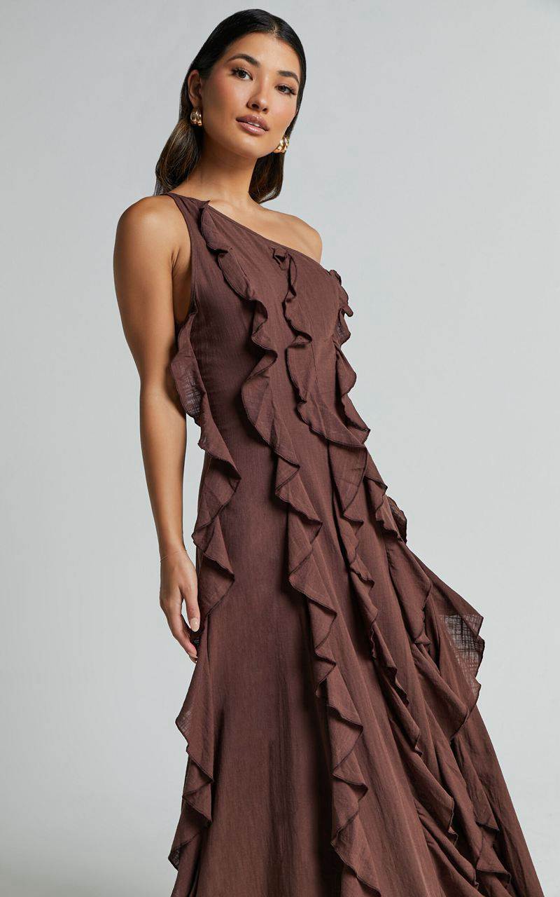 Showpo Britney Maxi Dress - One Shoulder Ruffle Detail Dress Chocolate | QDCBNP924