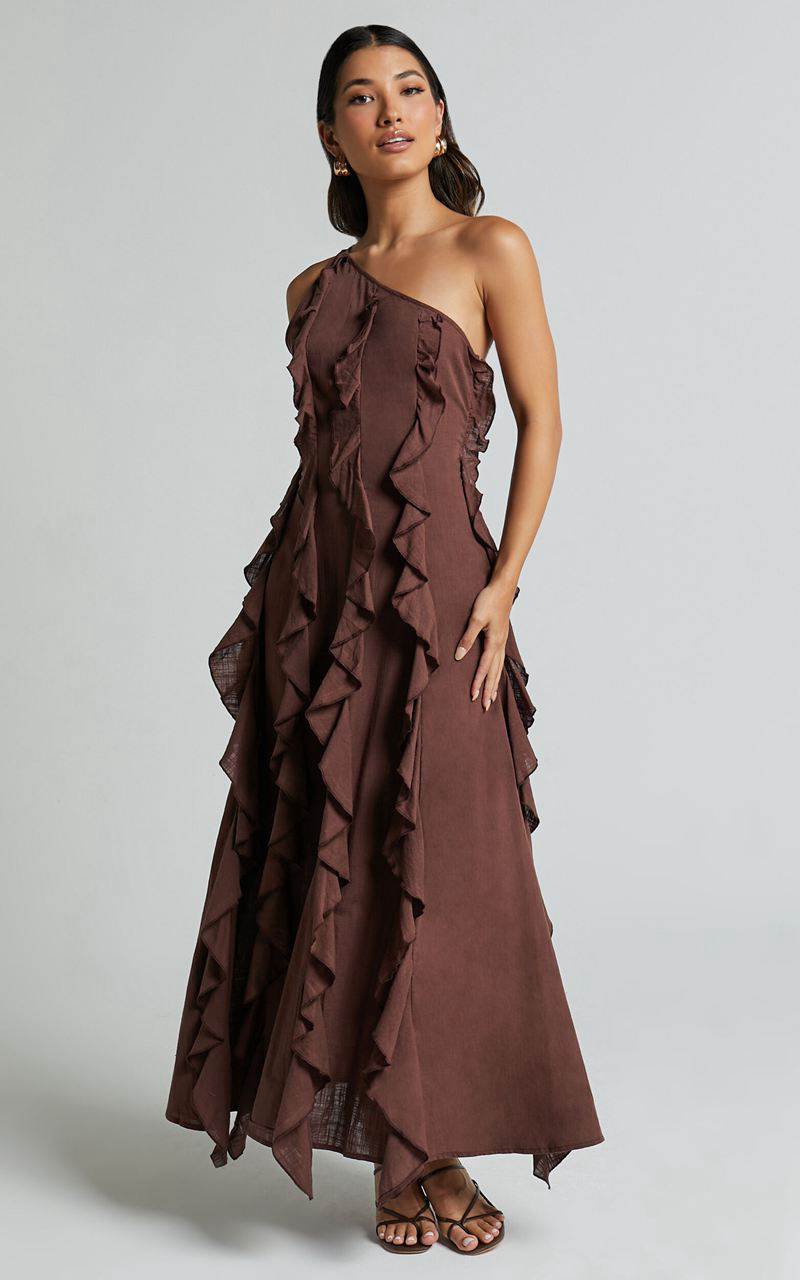 Showpo Britney Maxi Dress - One Shoulder Ruffle Detail Dress Chocolate | QDCBNP924