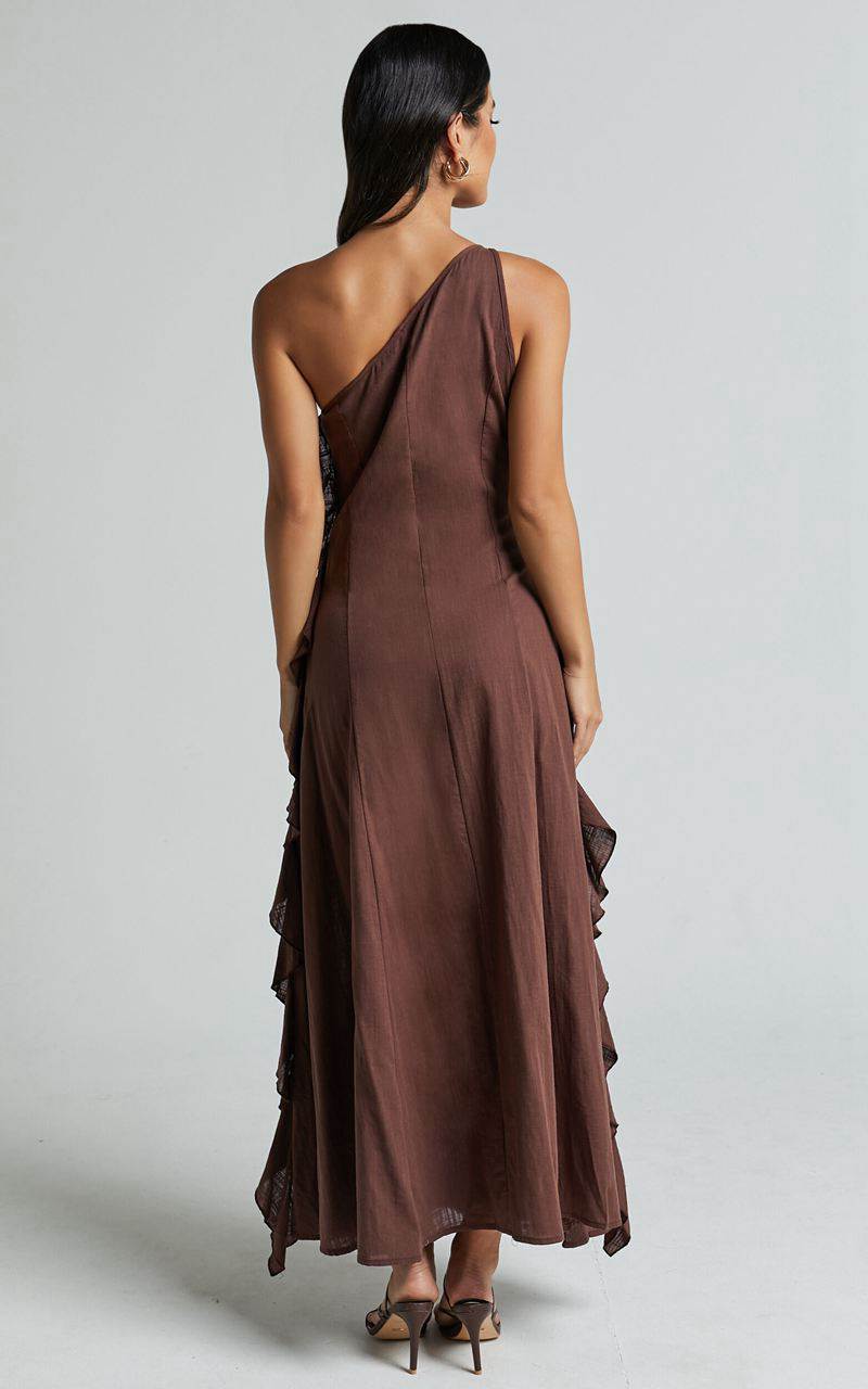 Showpo Britney Maxi Dress - One Shoulder Ruffle Detail Dress Chocolate | QDCBNP924