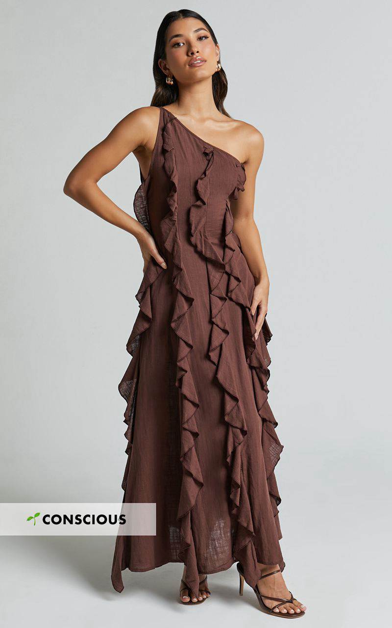 Showpo Britney Maxi Dress - One Shoulder Ruffle Detail Dress Chocolate | QDCBNP924