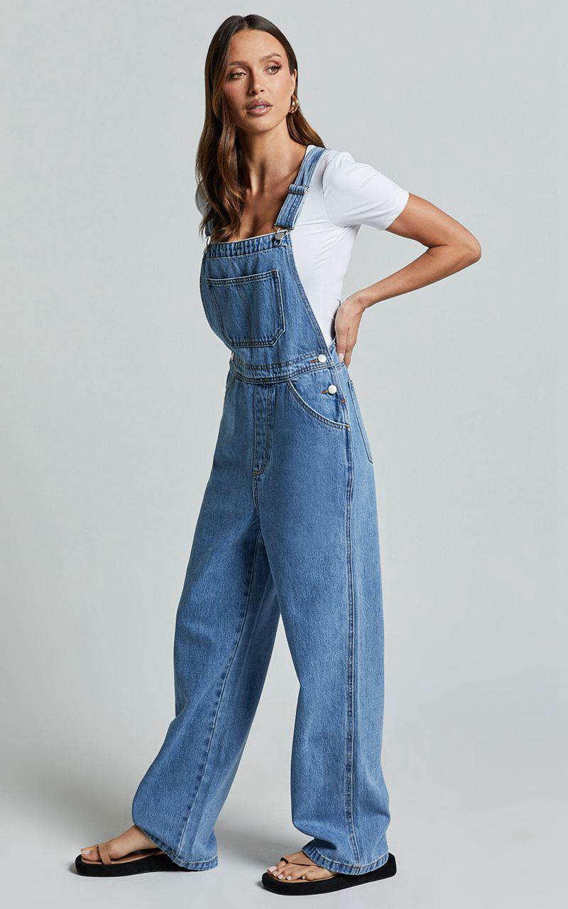 Showpo Brixton Jumpsuit - Straight Leg Denim Overalls Mid Blue Wash | BHNDOJ245