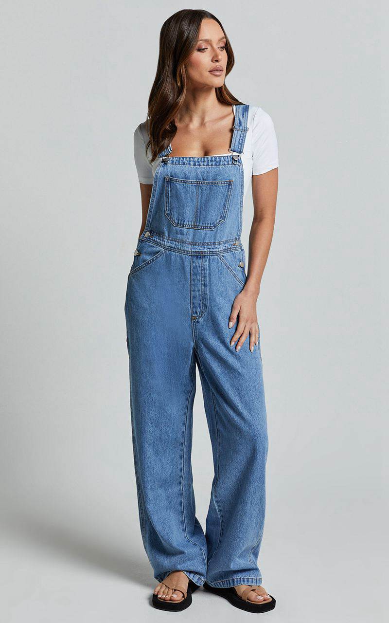 Showpo Brixton Jumpsuit - Straight Leg Denim Overalls Mid Blue Wash | BHNDOJ245