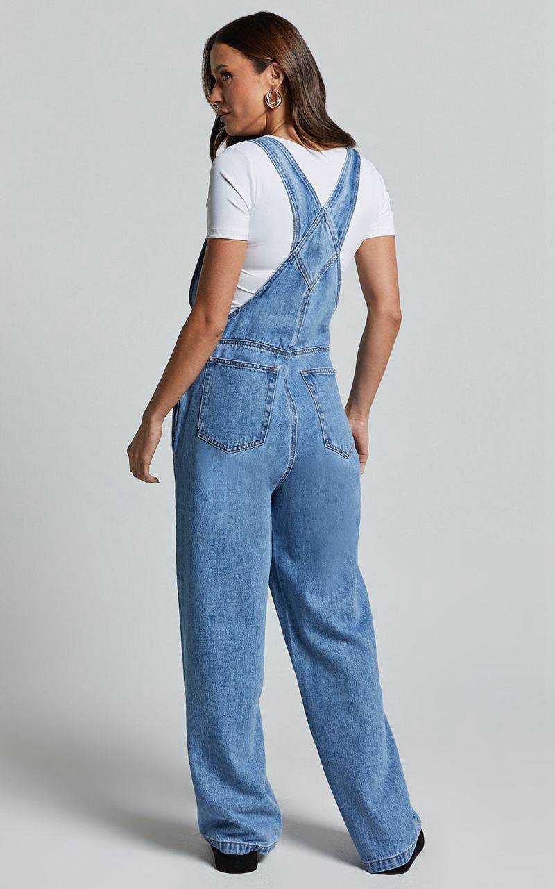 Showpo Brixton Jumpsuit - Straight Leg Denim Overalls Mid Blue Wash | BHNDOJ245