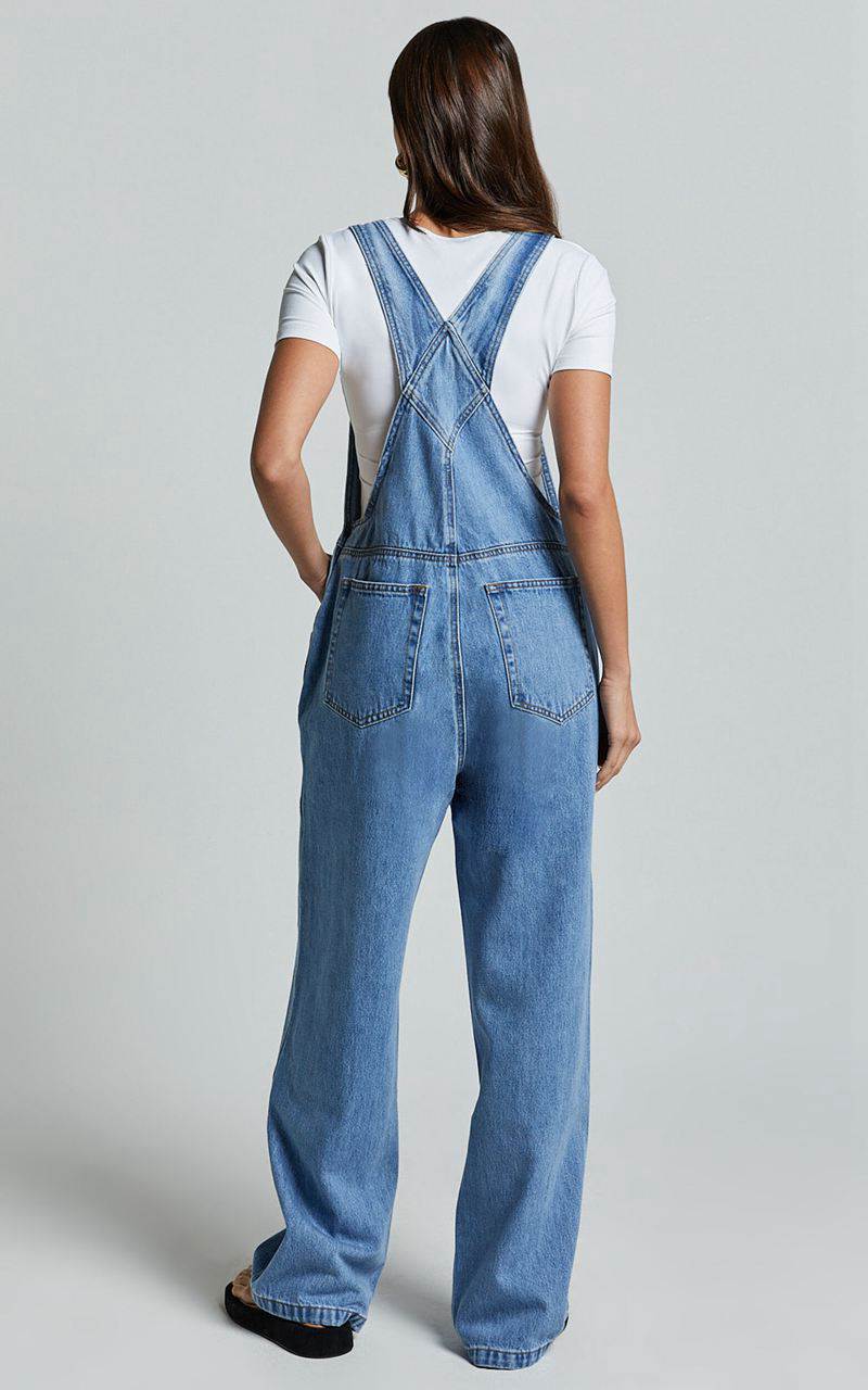 Showpo Brixton Jumpsuit - Straight Leg Denim Overalls Mid Blue Wash | BHNDOJ245