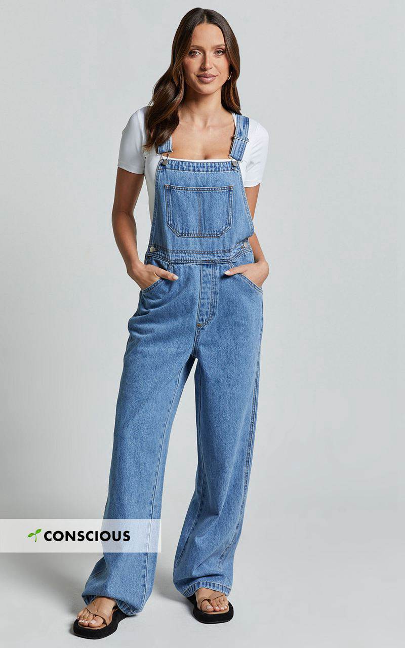 Showpo Brixton Jumpsuit - Straight Leg Denim Overalls Mid Blue Wash | BHNDOJ245