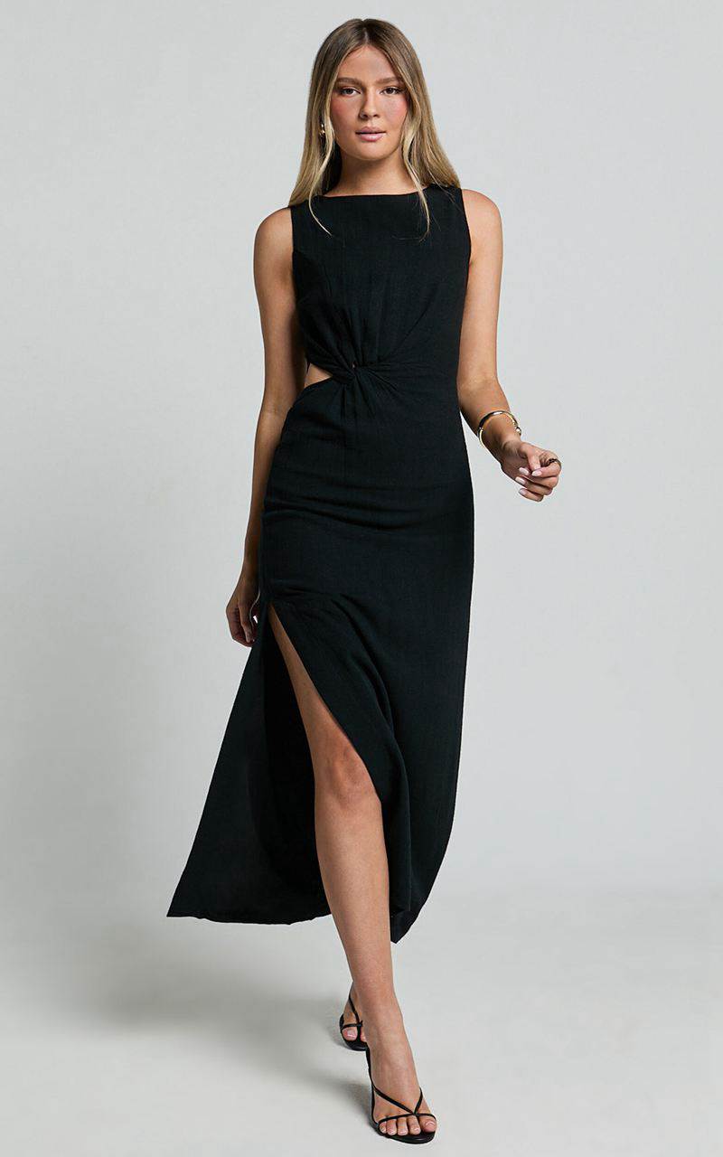 Showpo Brodie Midi Dress - Side Cut Out Linen Blend Dress Black | NSPKUR304