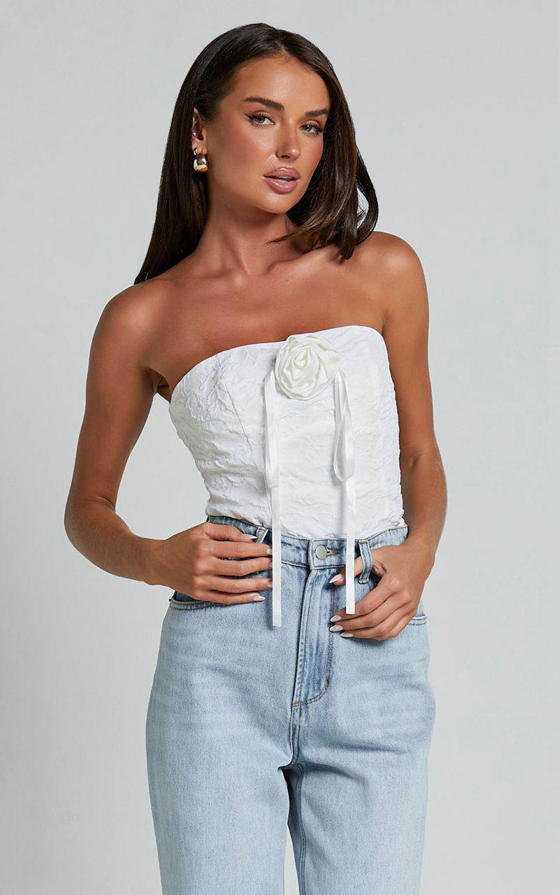 Showpo Brooke Top - Strapless Jacquard Detachable Rosette Top White | ZWAQNV869