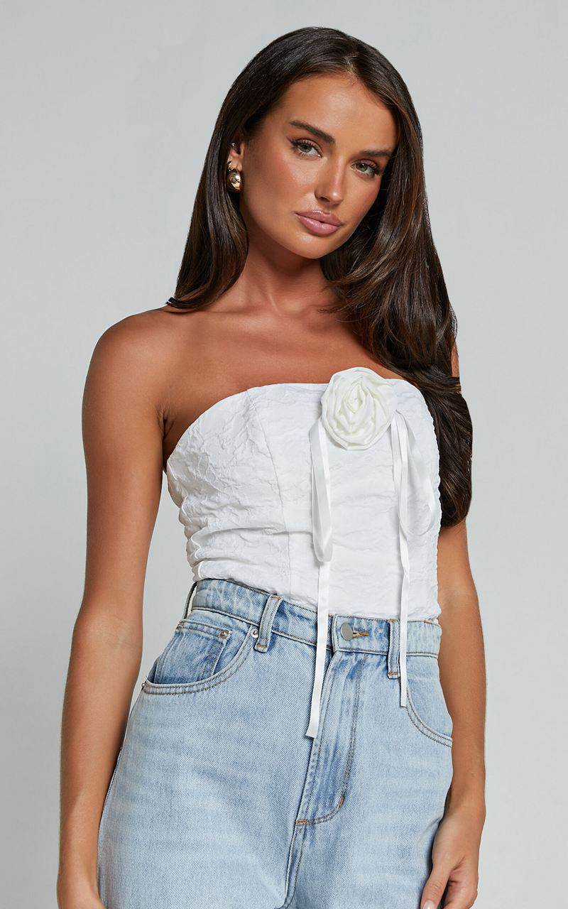 Showpo Brooke Top - Strapless Jacquard Detachable Rosette Top White | ZWAQNV869