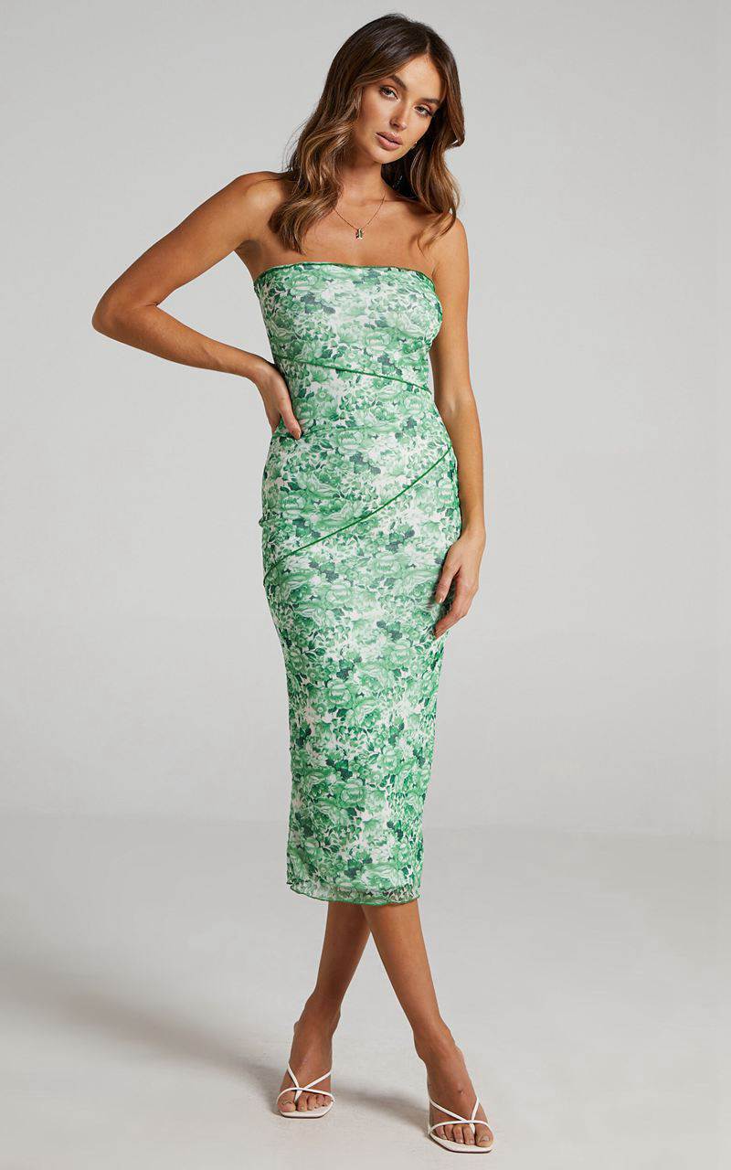 Showpo Brunetta Midi Dress - Strapless Mesh Dress Green Furnishing Florals | XFBNVT268