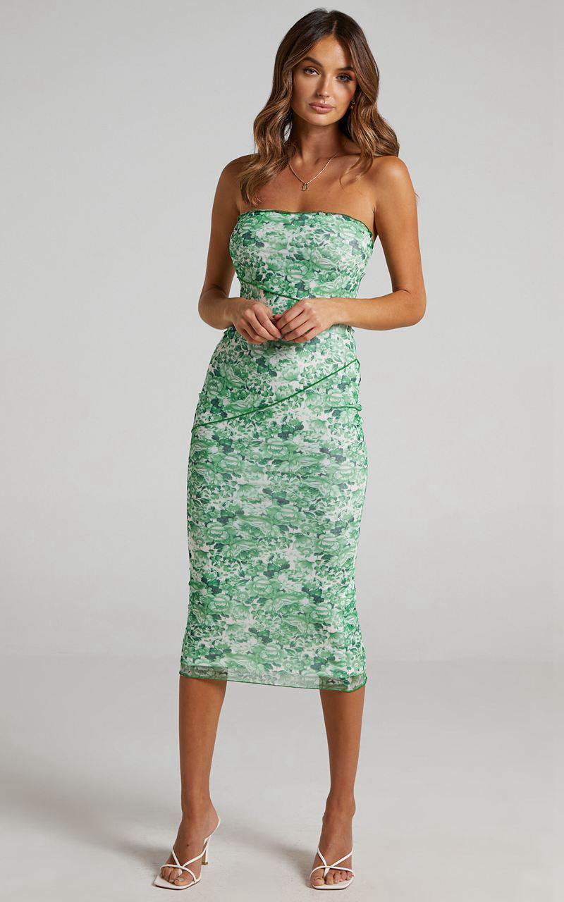 Showpo Brunetta Midi Dress - Strapless Mesh Dress Green Furnishing Florals | XFBNVT268