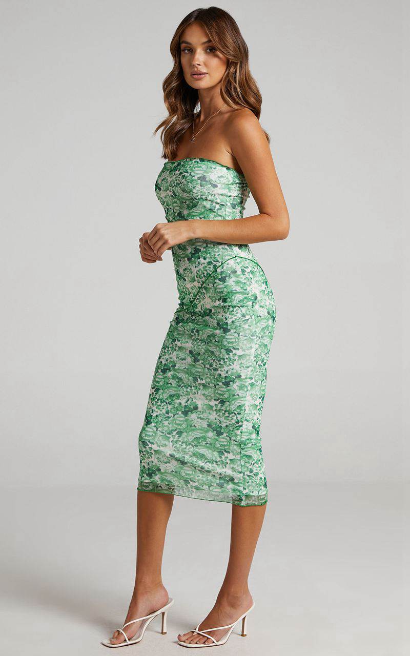 Showpo Brunetta Midi Dress - Strapless Mesh Dress Green Furnishing Florals | XFBNVT268