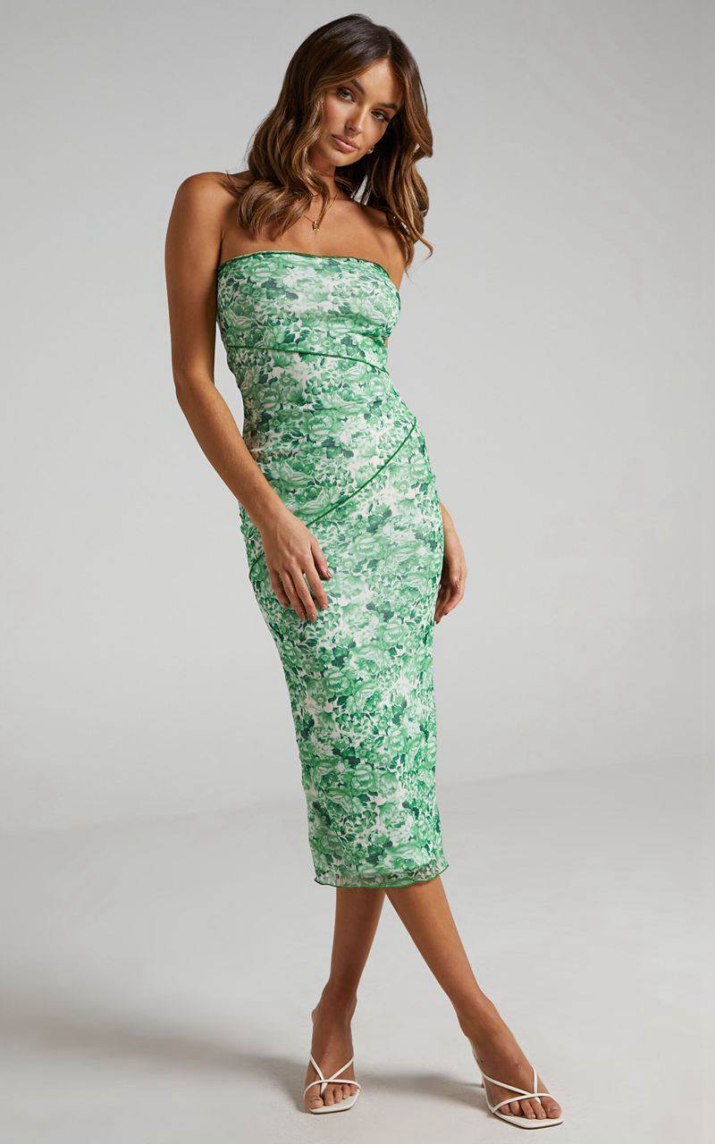 Showpo Brunetta Midi Dress - Strapless Mesh Dress Green Furnishing Florals | XFBNVT268