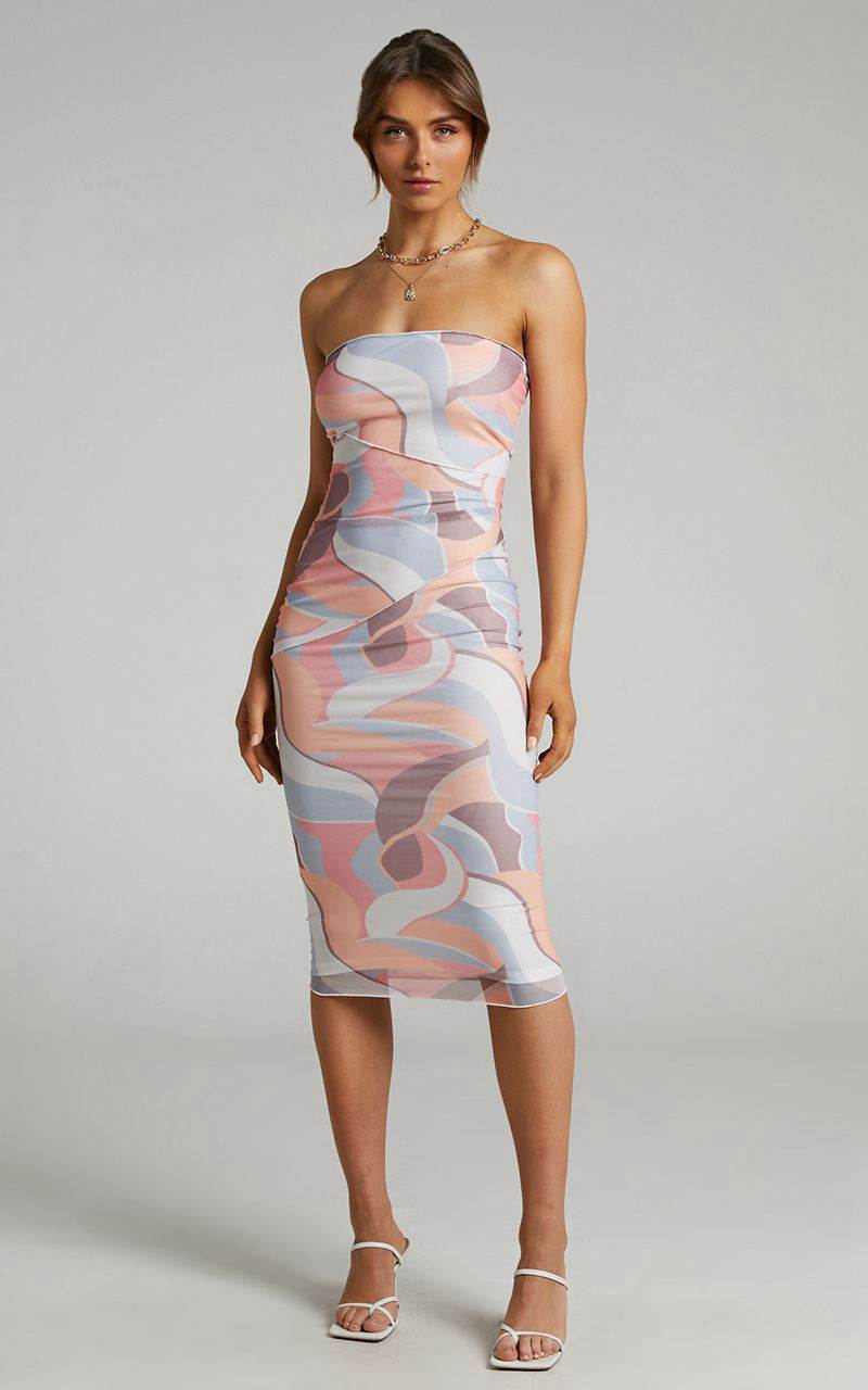 Showpo Brunetta Midi Dress - Strapless Mesh Dress Retro Swirl | JICKQR205