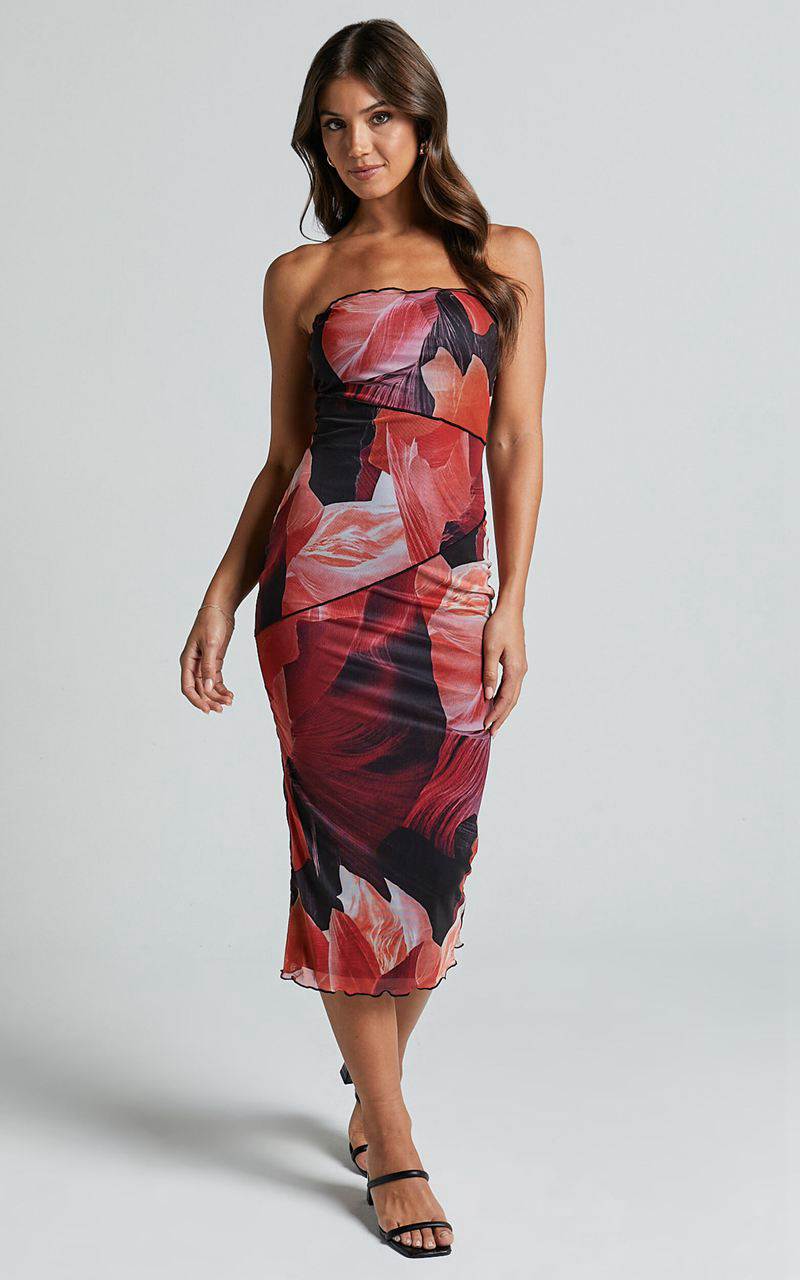 Showpo Brunetta Midi Dress - Strapless Mesh Dress Peach And Black Floral | GMEHQL094