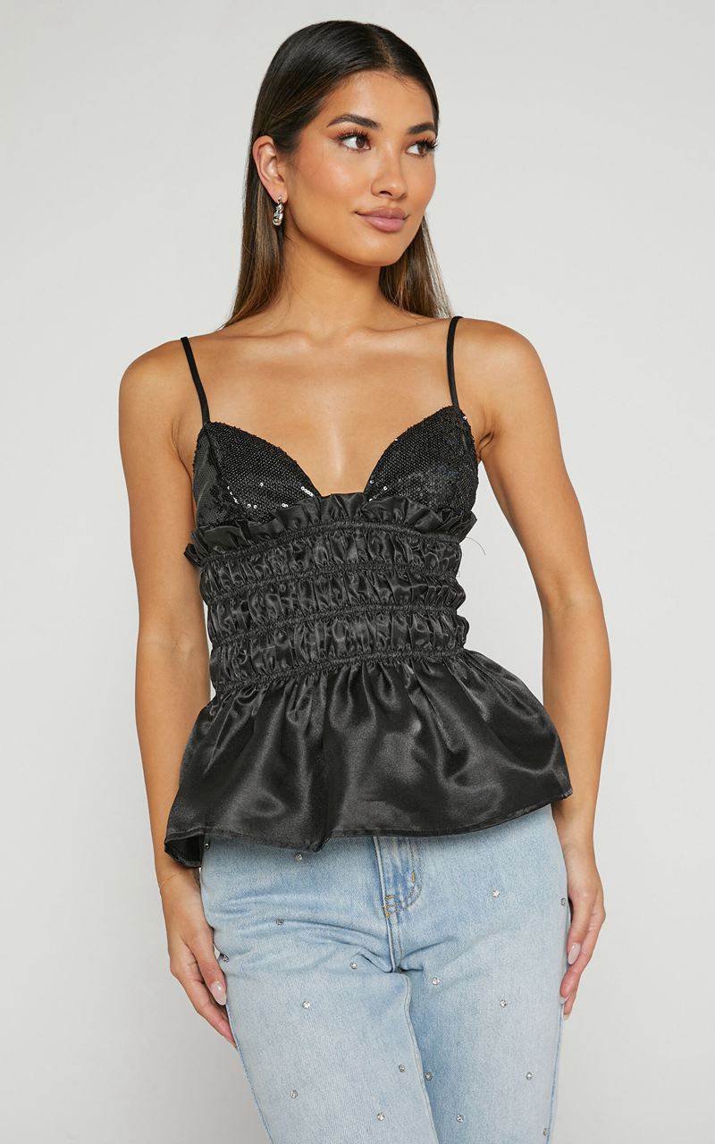 Showpo Brunetta Top - Sequin Shirred Peplum Top Black | KLMFTB241