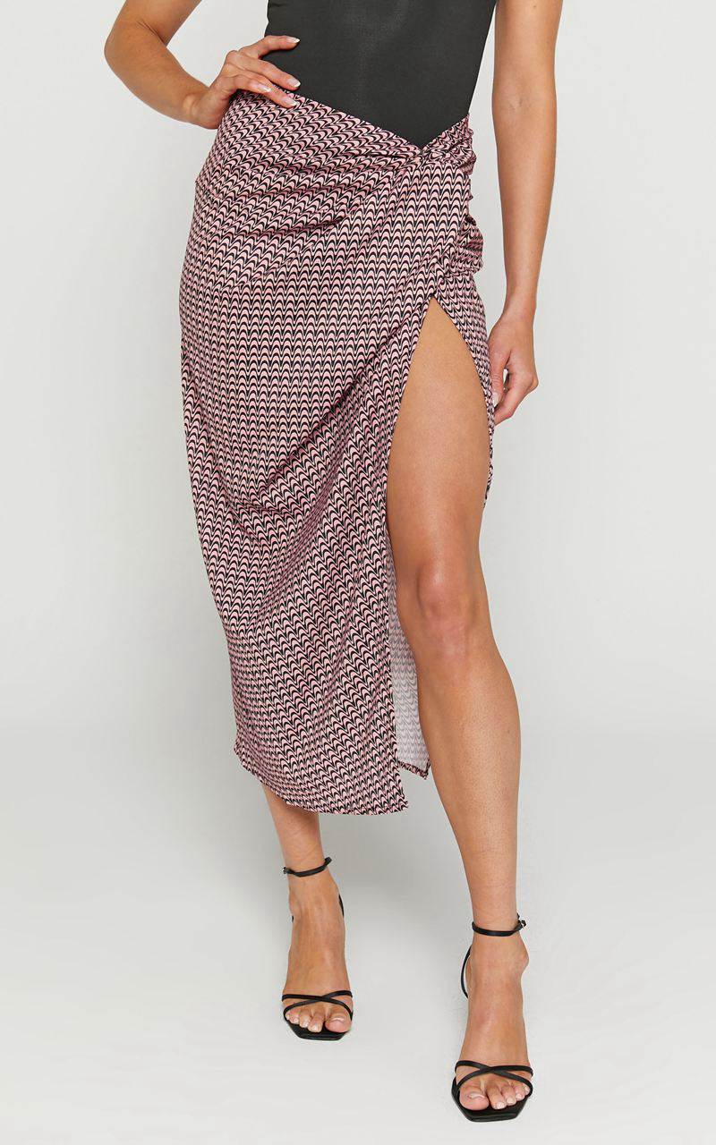 Showpo Brunita Midi Skirt - Twist Front Skirt Pink Wave | YXNPSC091