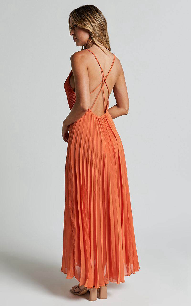 Showpo Brylee Midi Dress - Satin Pleated Wrap Dress Orange | YRXMAT152