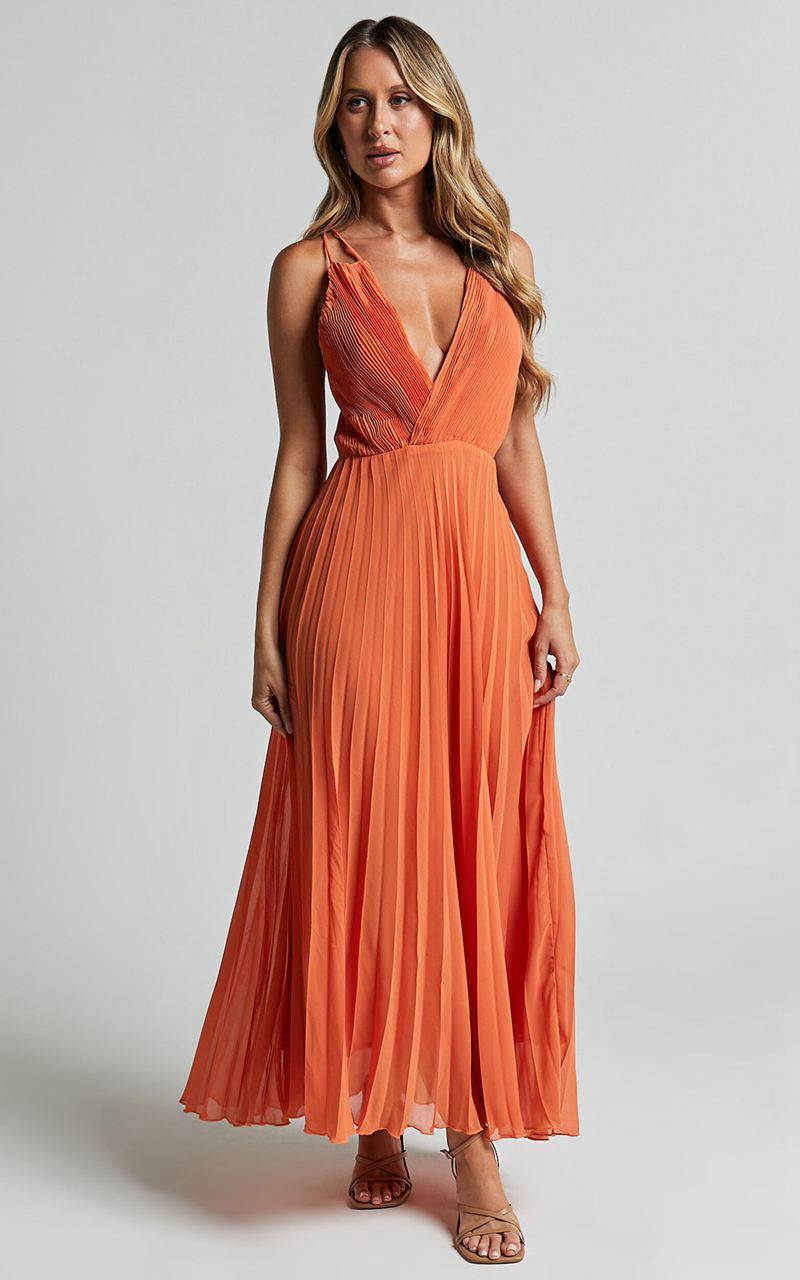 Showpo Brylee Midi Dress - Satin Pleated Wrap Dress Orange | YRXMAT152