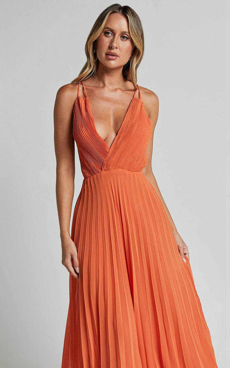 Showpo Brylee Midi Dress - Satin Pleated Wrap Dress Orange | YRXMAT152