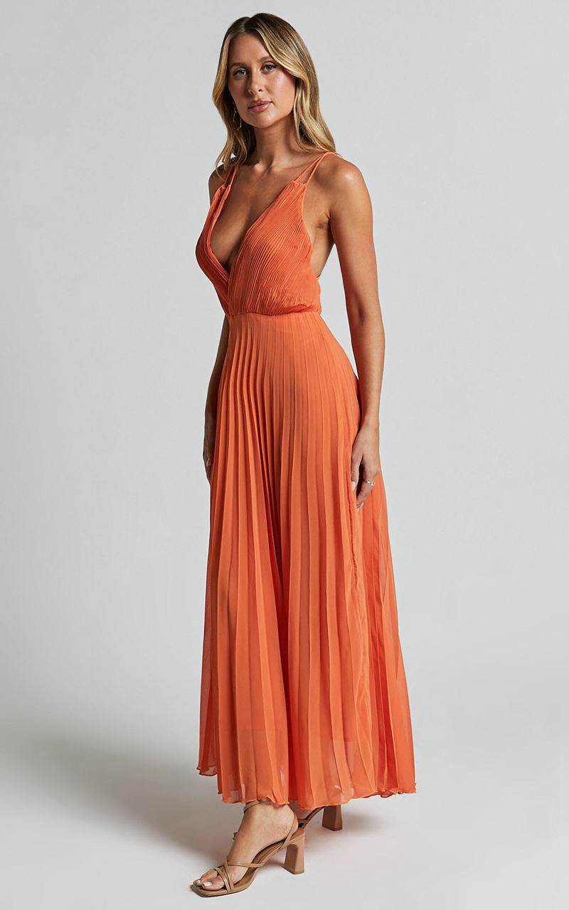 Showpo Brylee Midi Dress - Satin Pleated Wrap Dress Orange | YRXMAT152