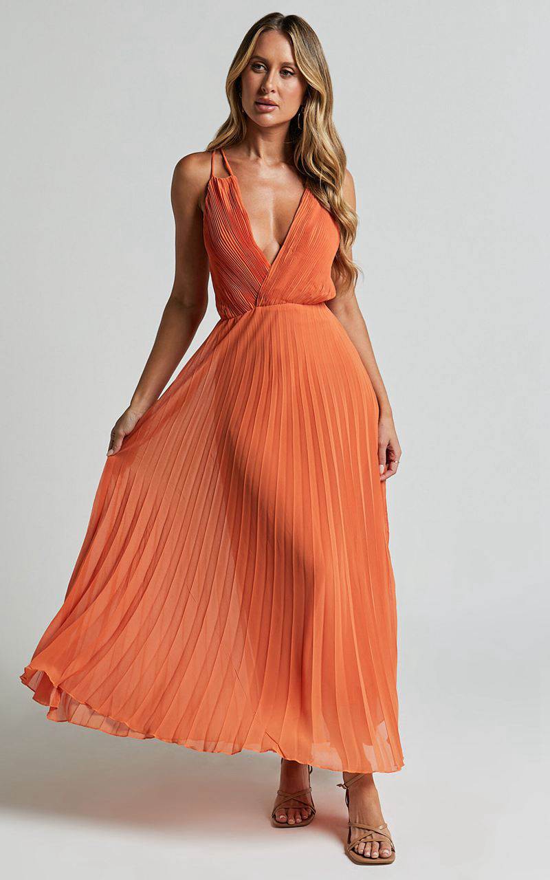 Showpo Brylee Midi Dress - Satin Pleated Wrap Dress Orange | YRXMAT152