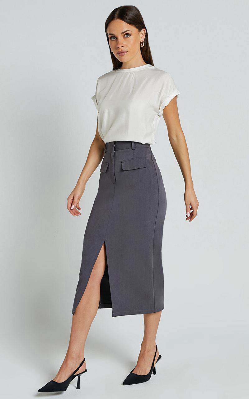 Showpo Brylee Midi Skirt - High Waisted Front Split Skirt Charcoal | OWUXJM513