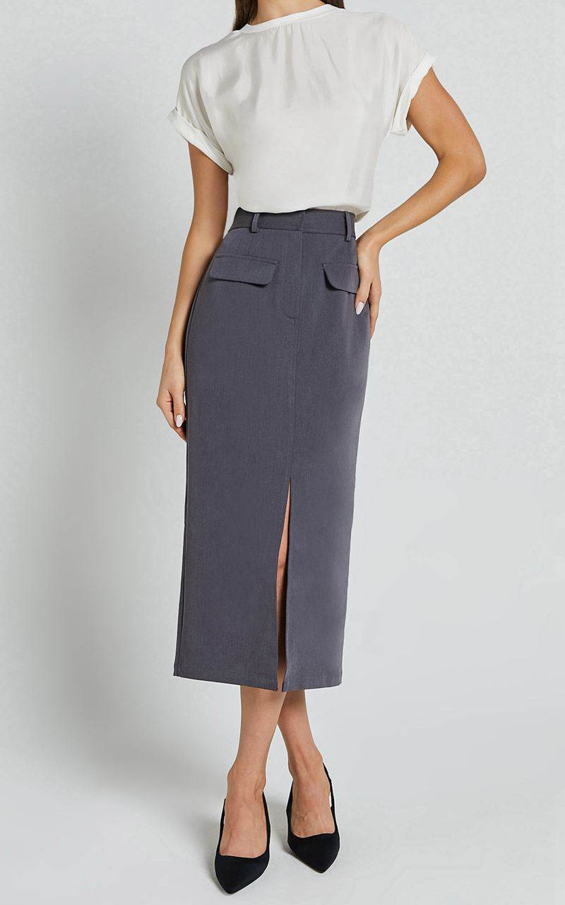 Showpo Brylee Midi Skirt - High Waisted Front Split Skirt Charcoal | OWUXJM513