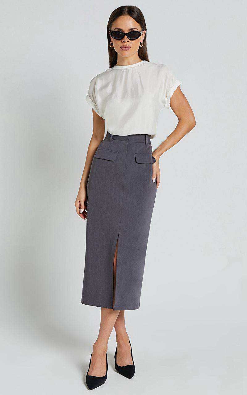 Showpo Brylee Midi Skirt - High Waisted Front Split Skirt Charcoal | OWUXJM513