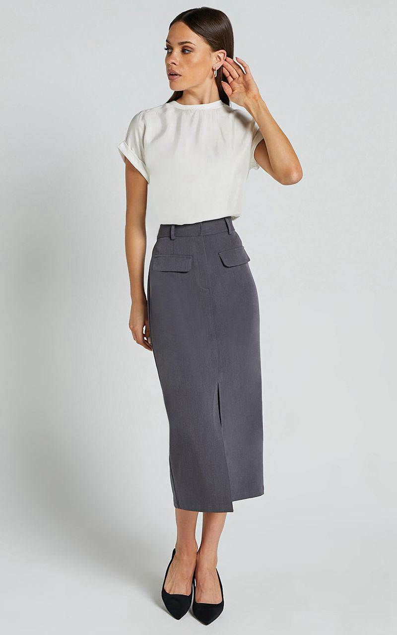 Showpo Brylee Midi Skirt - High Waisted Front Split Skirt Charcoal | OWUXJM513