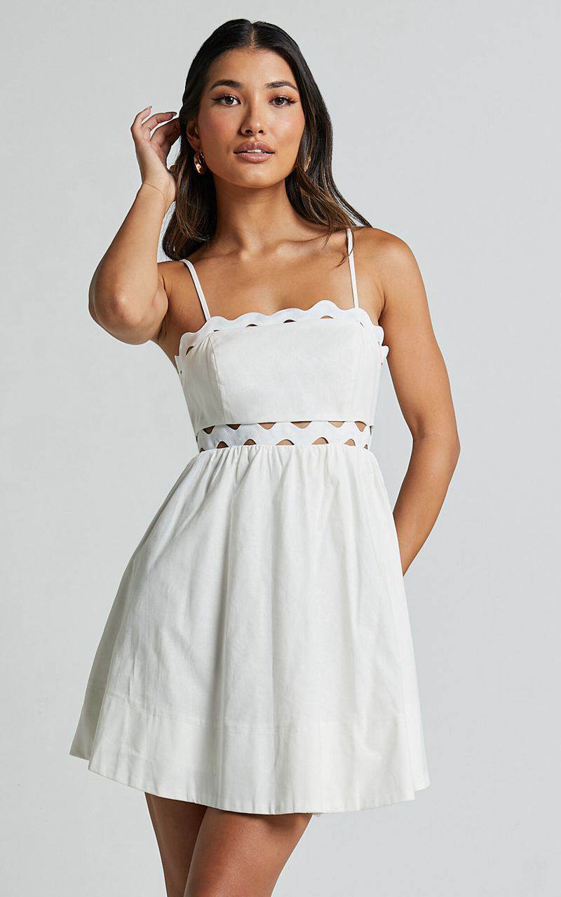 Showpo Brylee Mini Dress - Strappy Wave Neck Pleated Dress White | KNTYSQ546