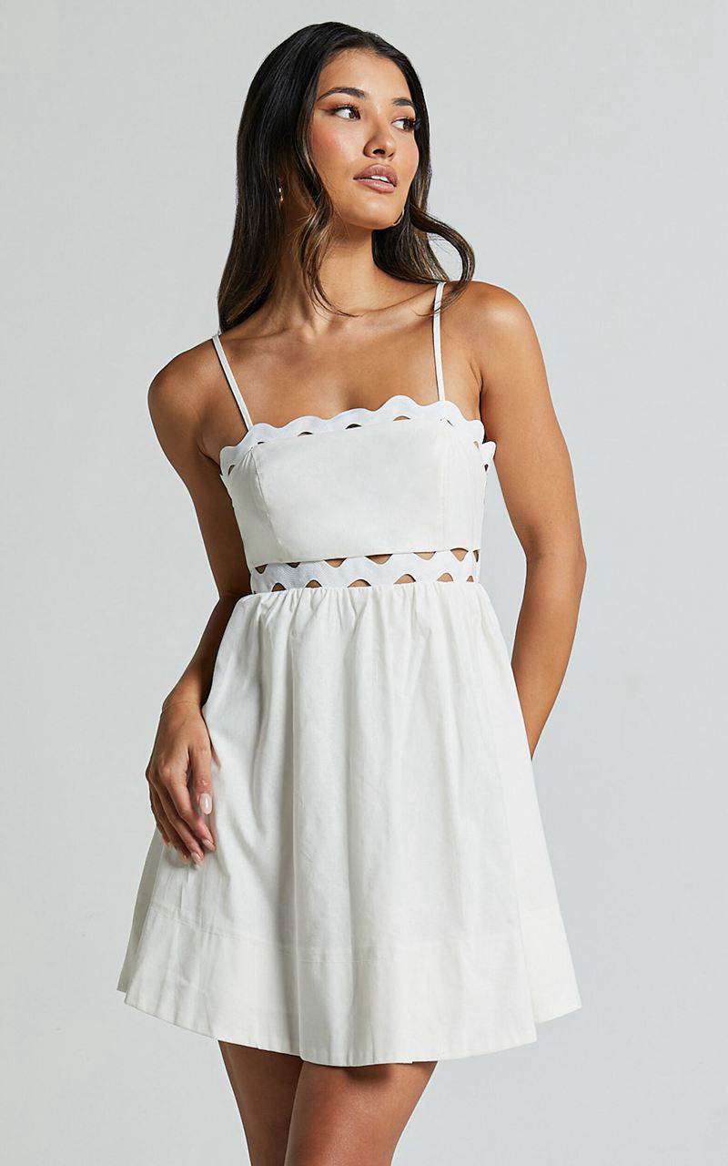 Showpo Brylee Mini Dress - Strappy Wave Neck Pleated Dress White | KNTYSQ546