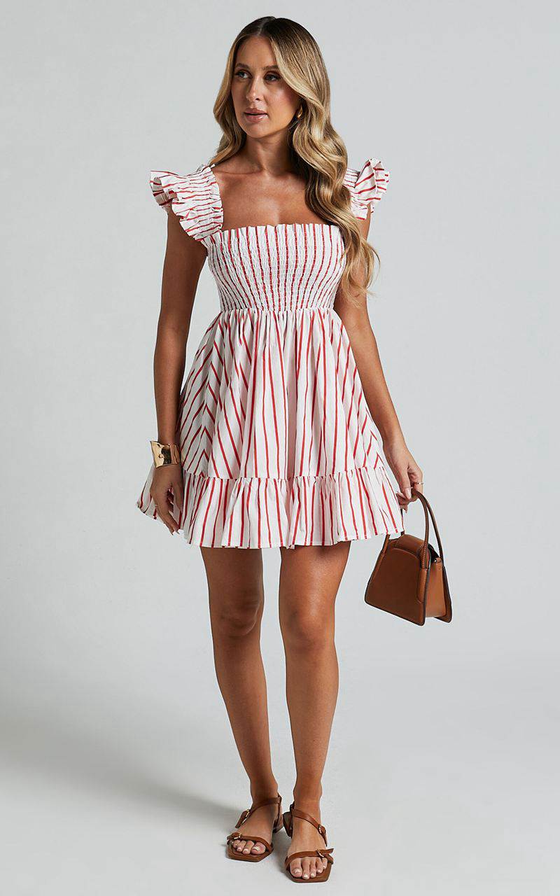 Showpo Brynlee Mini Dress - Elastic Chest Flutter Sleeve Hem Dress Red Stripe | YCKXEQ608