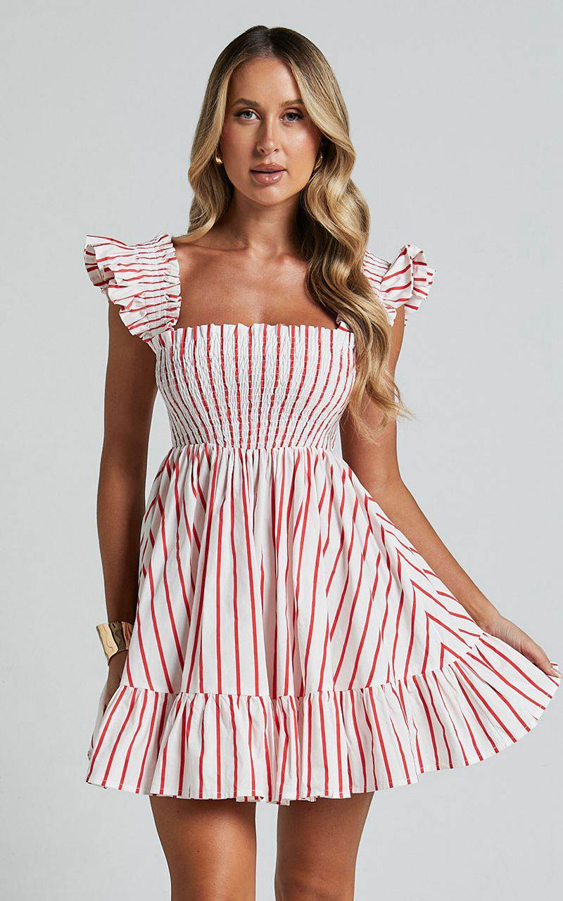 Showpo Brynlee Mini Dress - Elastic Chest Flutter Sleeve Hem Dress Red Stripe | YCKXEQ608