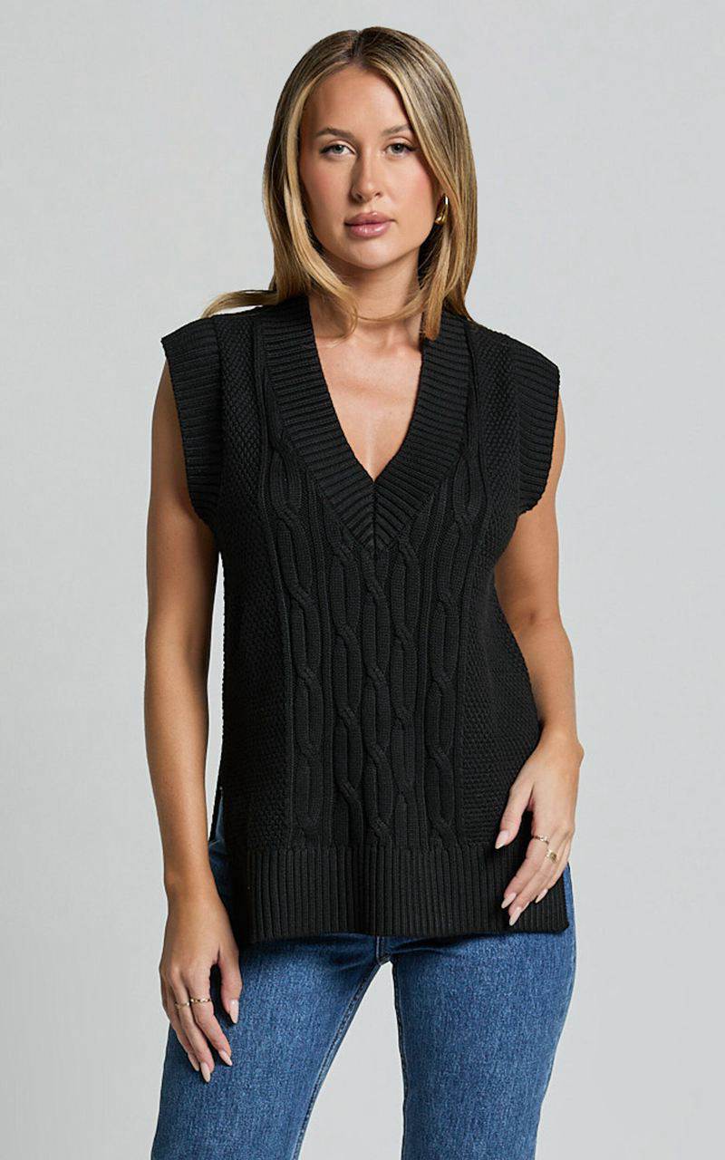 Showpo Cadha Vest - Knit Sweater Vest Black | SELPON043