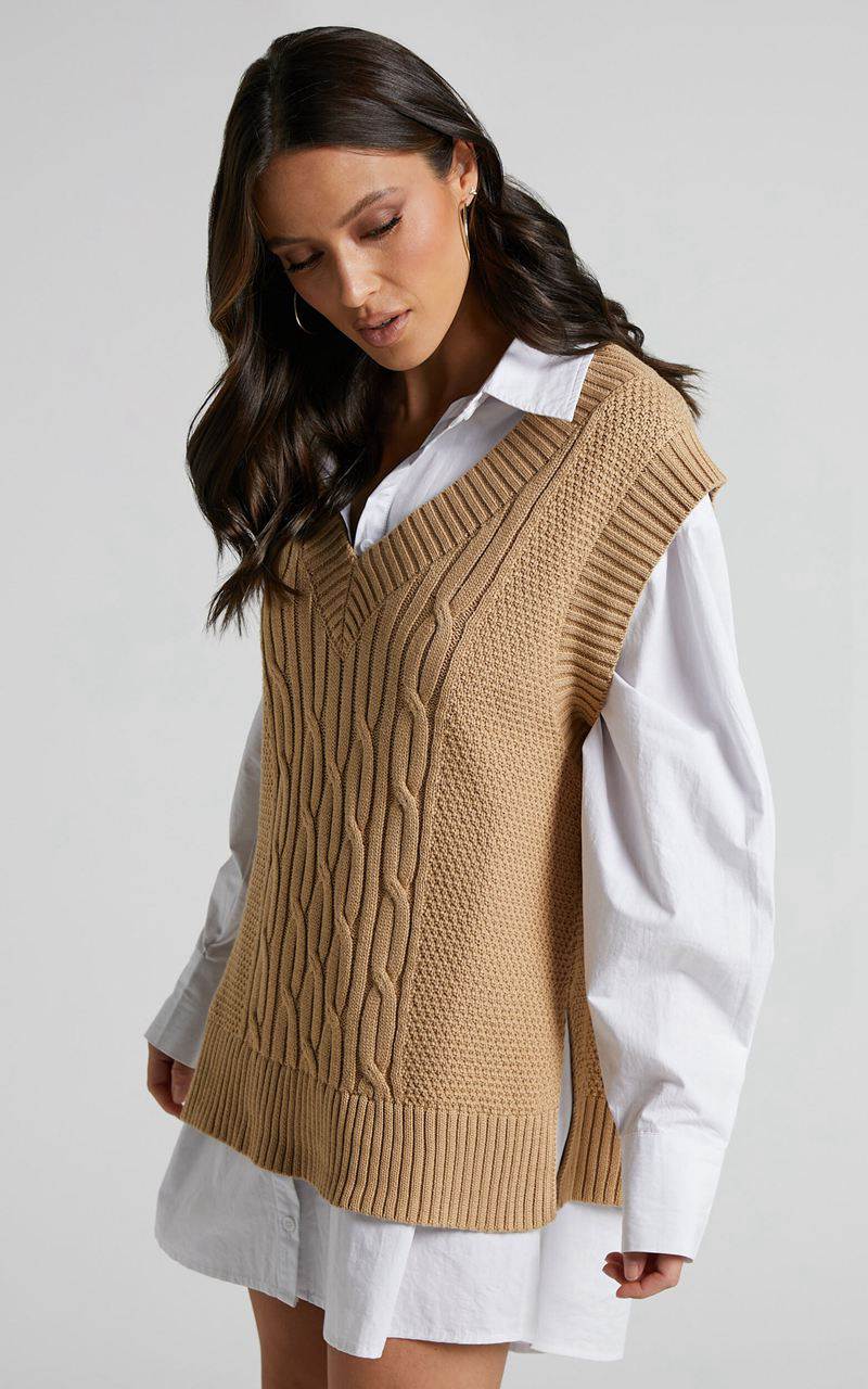 Showpo Cadha Vest - Knit Sweater Vest Camel | FOLHWA037